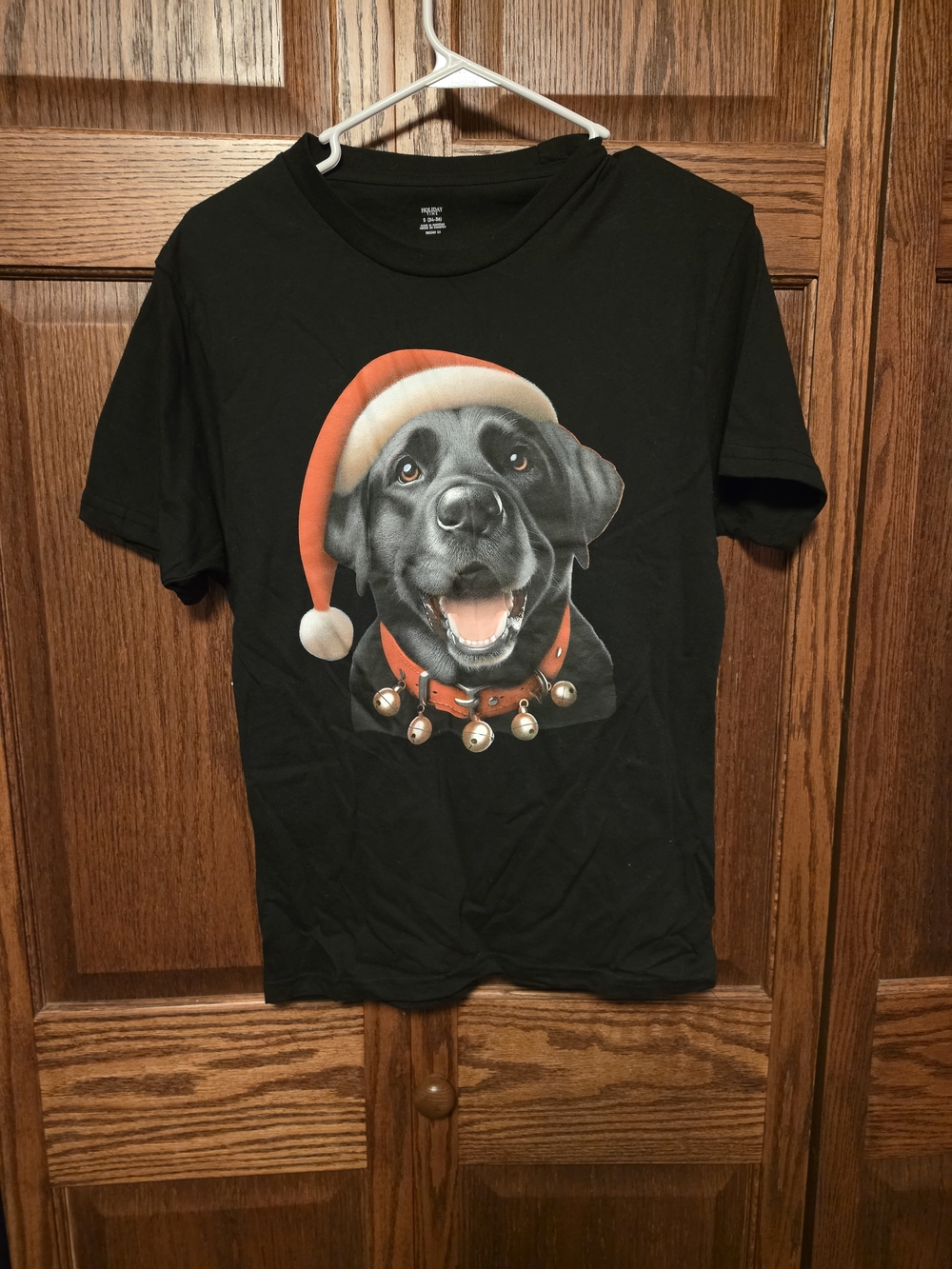 Holiday Time Black Dog Christmas Graphic T-Shirt with Red Santa Hat